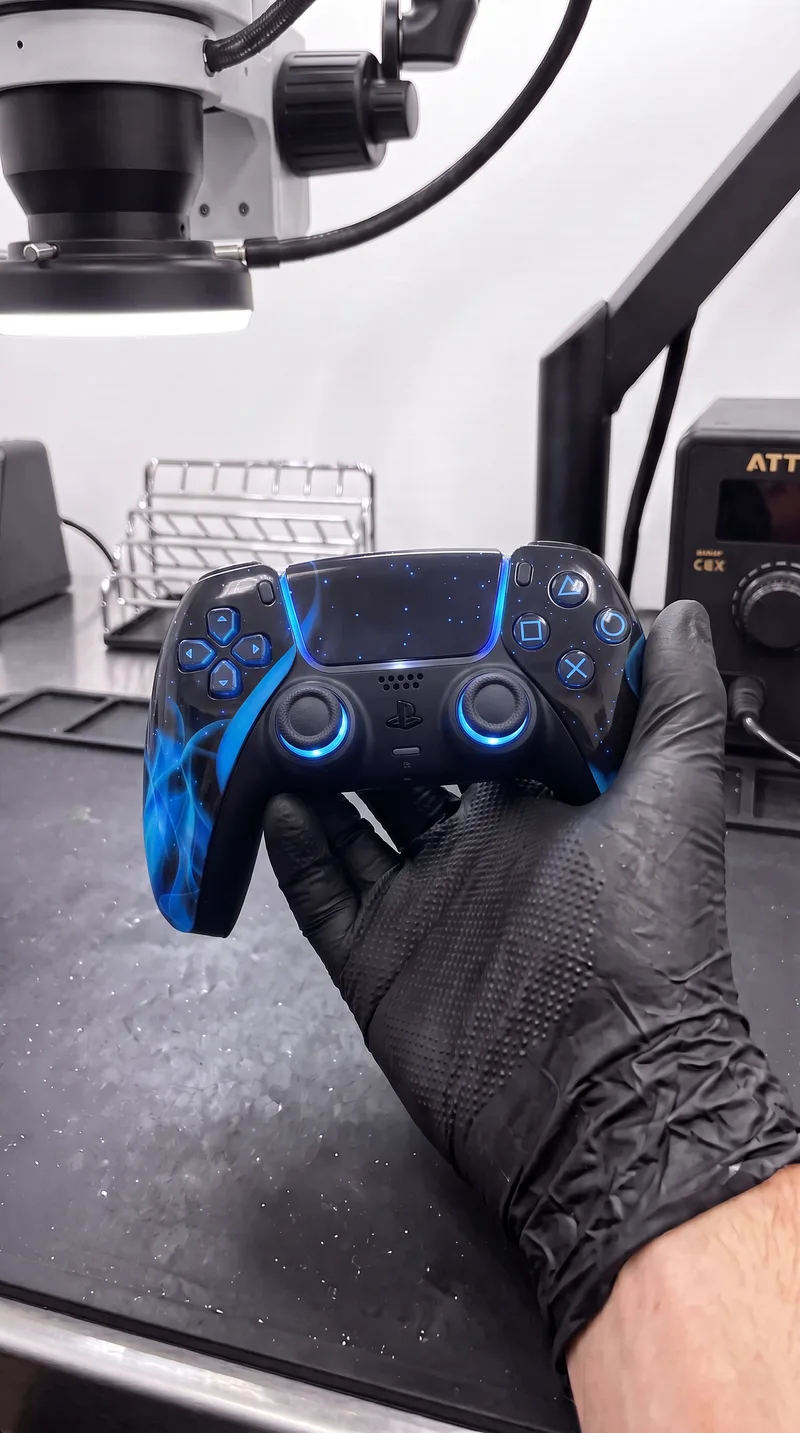 Custom-PS5-Controller mit blauem Flammen-Design