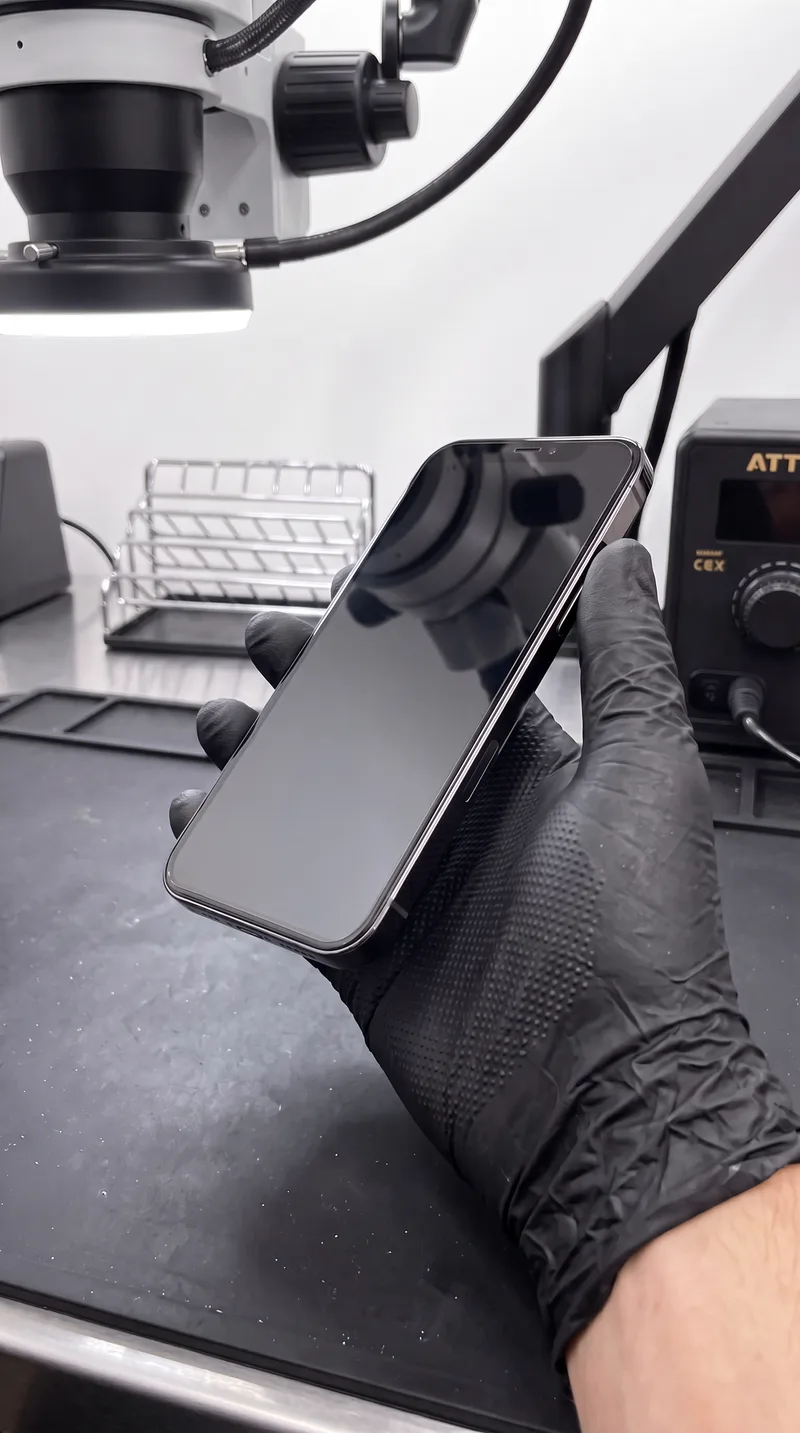 Repariertes iPhone unter dem Mikroskop